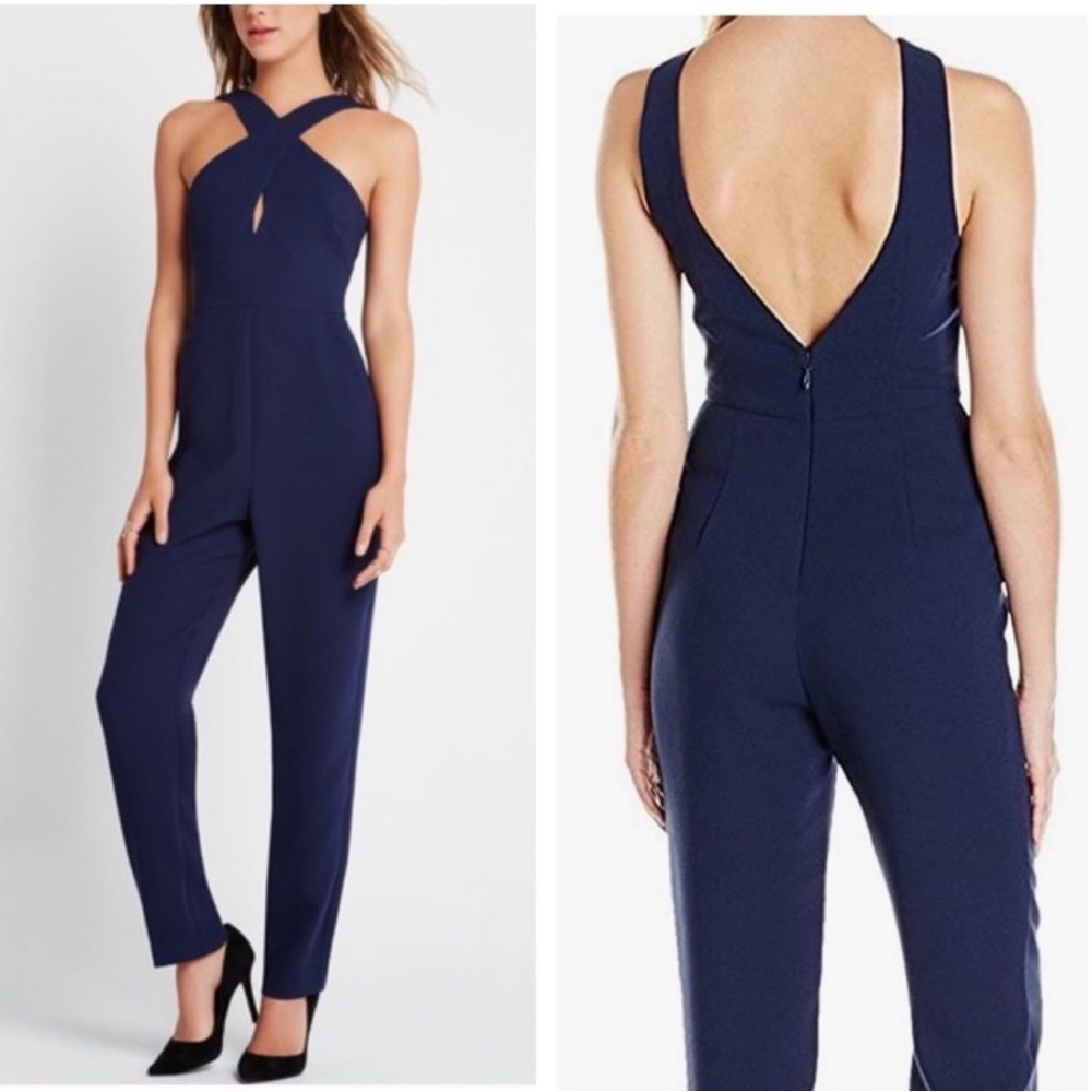 BCBGENERATION Crisscross Keyhole V Back Navy Blue Jumpsuit